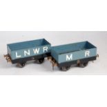 2x completely repainted Hornby 1920 open wagons on early wagon bases with thick axles fitted with