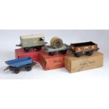 4 Hornby wagons including 1940-1 LMS flat truck with BI Cables drum, not stained (VG-BF with LMS