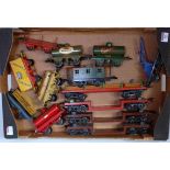 Large tray containing 13 assorted Hornby pre-war wagons including 3x trolley wagons, No. 2 timber,