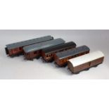 5 tinplate coaches includes Bing LMS bogie; repainted LMS Carette 12-wheel diner and three 6-wheel