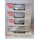 Six Lionel silver passenger cars - Burlington Vista 'Silver Dome' 6-9588; 'Silver Halter' car 6-