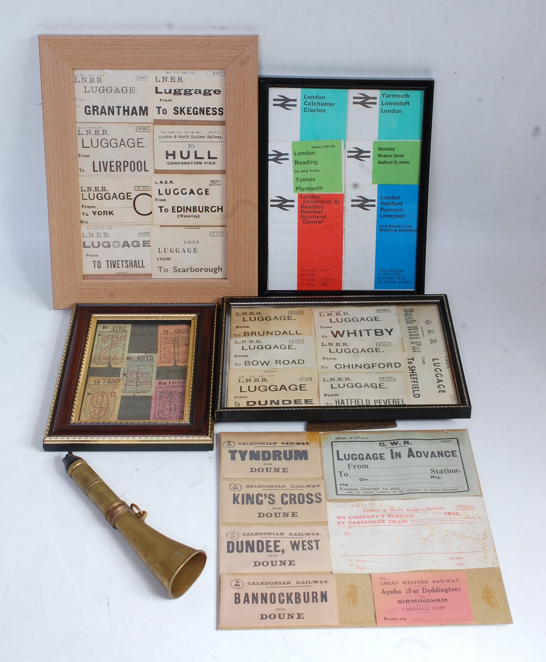 A collection of framed and glazed railway and London Transport tickets to include LNER Caledonian