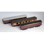 Three bogie coaches, scratch/kit built; LMS short full brake; LMS corridor 3rd and Br/3rd maroon and