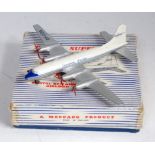 A Dinky Toys No. 998 Bristol Britannia Airliner, comprising silver, white and blue body with