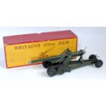 A Britains No. 2064 155mm gun comprising of military green body with trail wheels attached, together