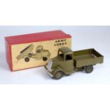 A Britains No. 1334 4-wheel Army tipping lorry comprising of military green body and hubs with