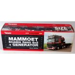 A WSI Models No. 02-176 1/50 scale model of a Scania R480 8x2 flatbed with crane and a generator,