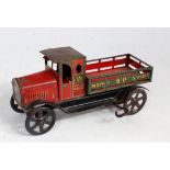 A Wells of London (UK) early 20th century tinplate and clockwork motor BP spirit delivery lorry