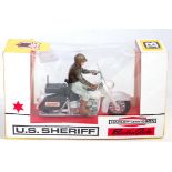 A Britains No. 9692 US Sheriff motorcycle despatch comprising of rider and white & black