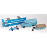Two loose 1/43 scale resin and white metal classic car transporter and trailer kit built models to