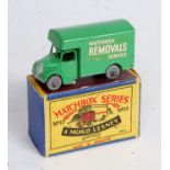 A Matchbox 1:75 series No. 17 Bedford Removals van, comprising light green body with silver trim and