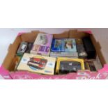 One box containing a quantity of mixed boxed diecasts to include classic cars, racing saloons,