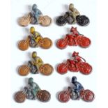 Eight various unusual lead hollow cast motorcycle riders, six examples with motorcycle and driver