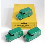 A Dinky Toys No. 31C (50151) trade box containing three Chivers Trojan vans, all finished in green