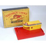 A Matchbox MGA1 Matchbox garage comprising of red forecourt with yellow building, and red Sales