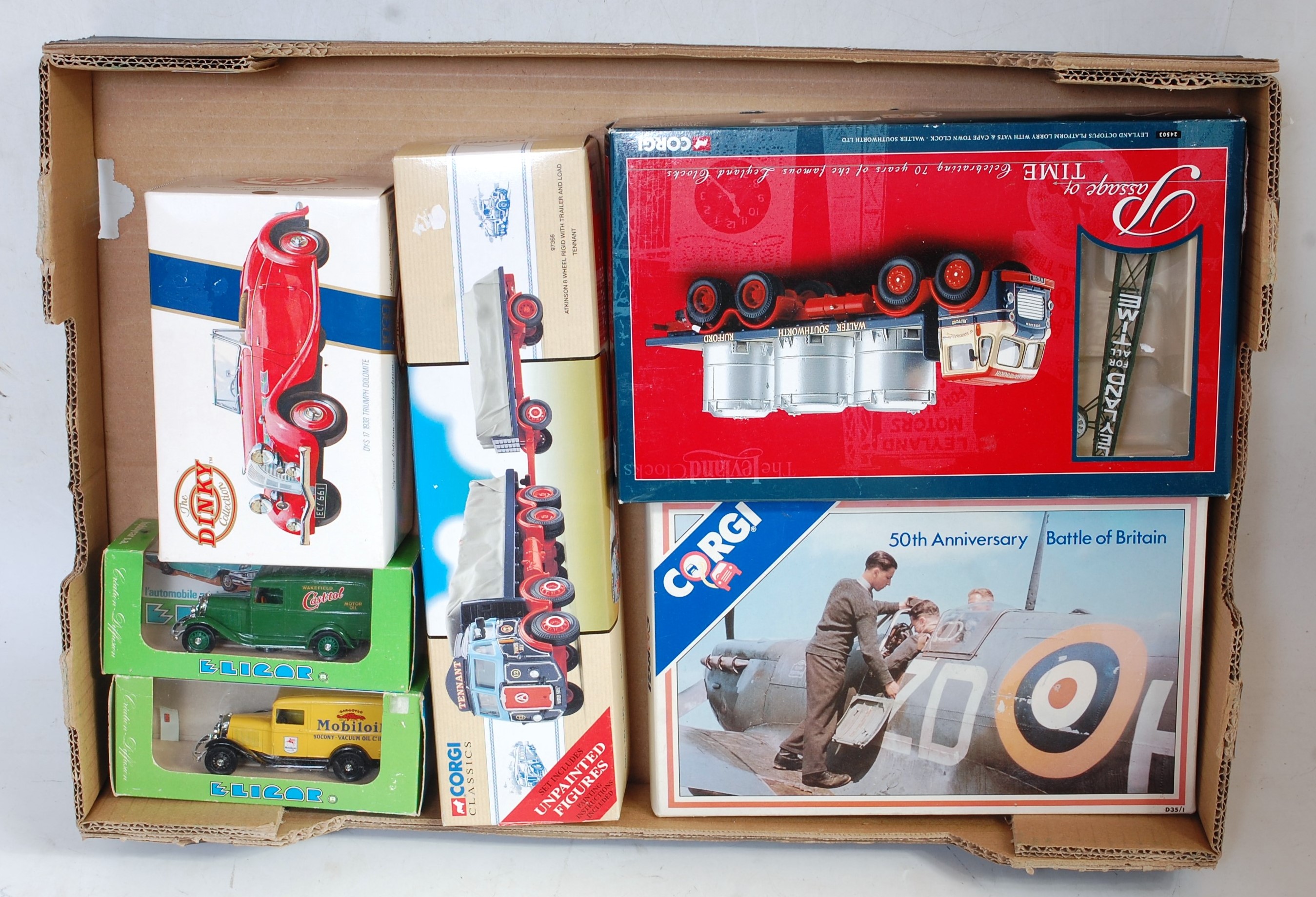 Two boxes containing a quantity of mixed modern issue and vintage diecasts to include Corgi Toys and