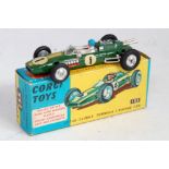 A Corgi Toys No. 155 Lotus Climax F1 racing car comprising green and yellow body with racing No. 1