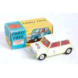 Corgi Toys, 227 Morris Mini Cooper competition model, primrose yellow body, red interior, white roof