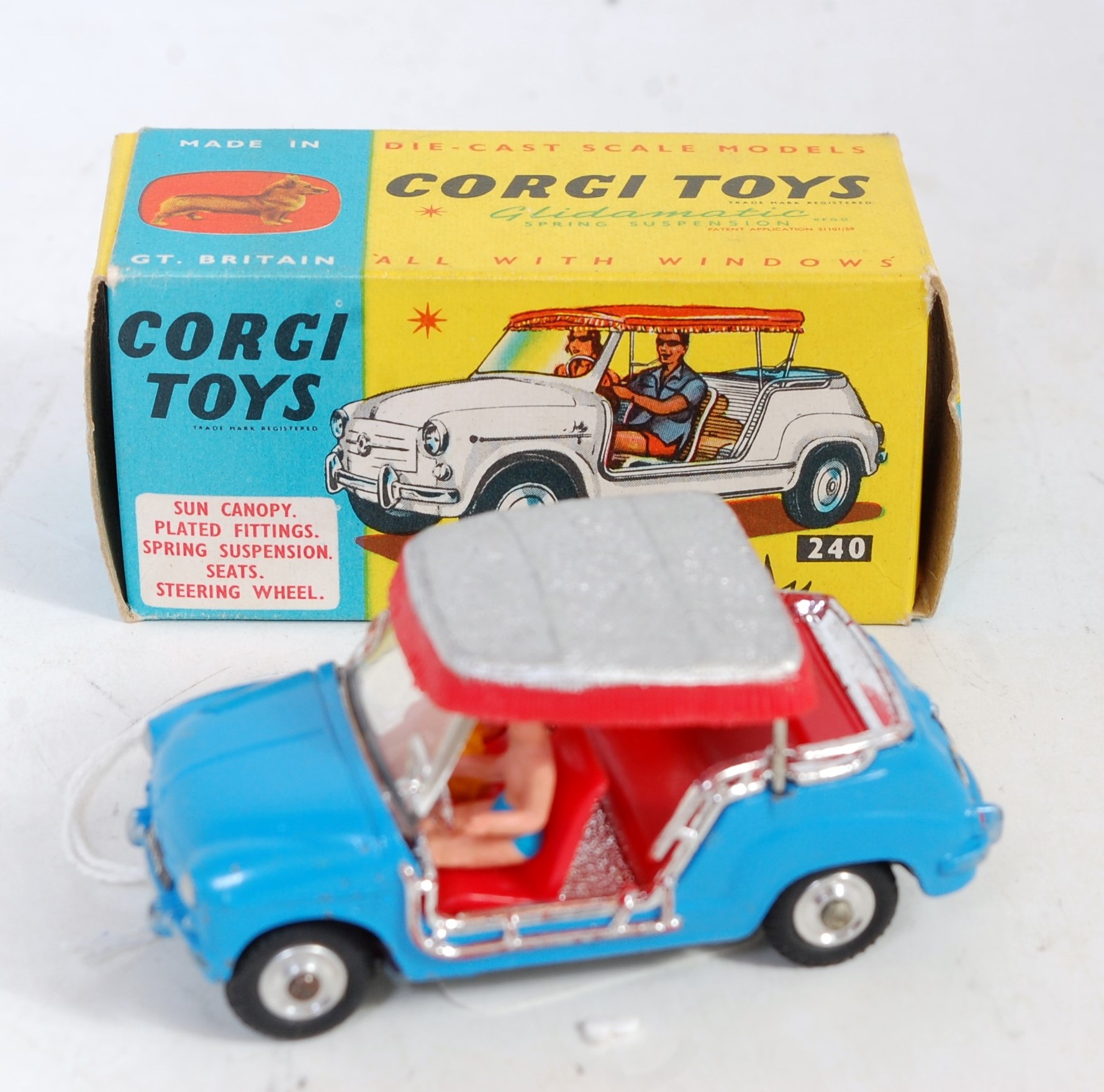 A Corgi Toys No. 240 Ghia-Fiat 600 Jolly, comprising of blue body with silver and red canopy