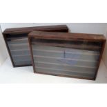 Two hand made stained wood five division wall hanging display cabinets, suitable for 1/43 scale