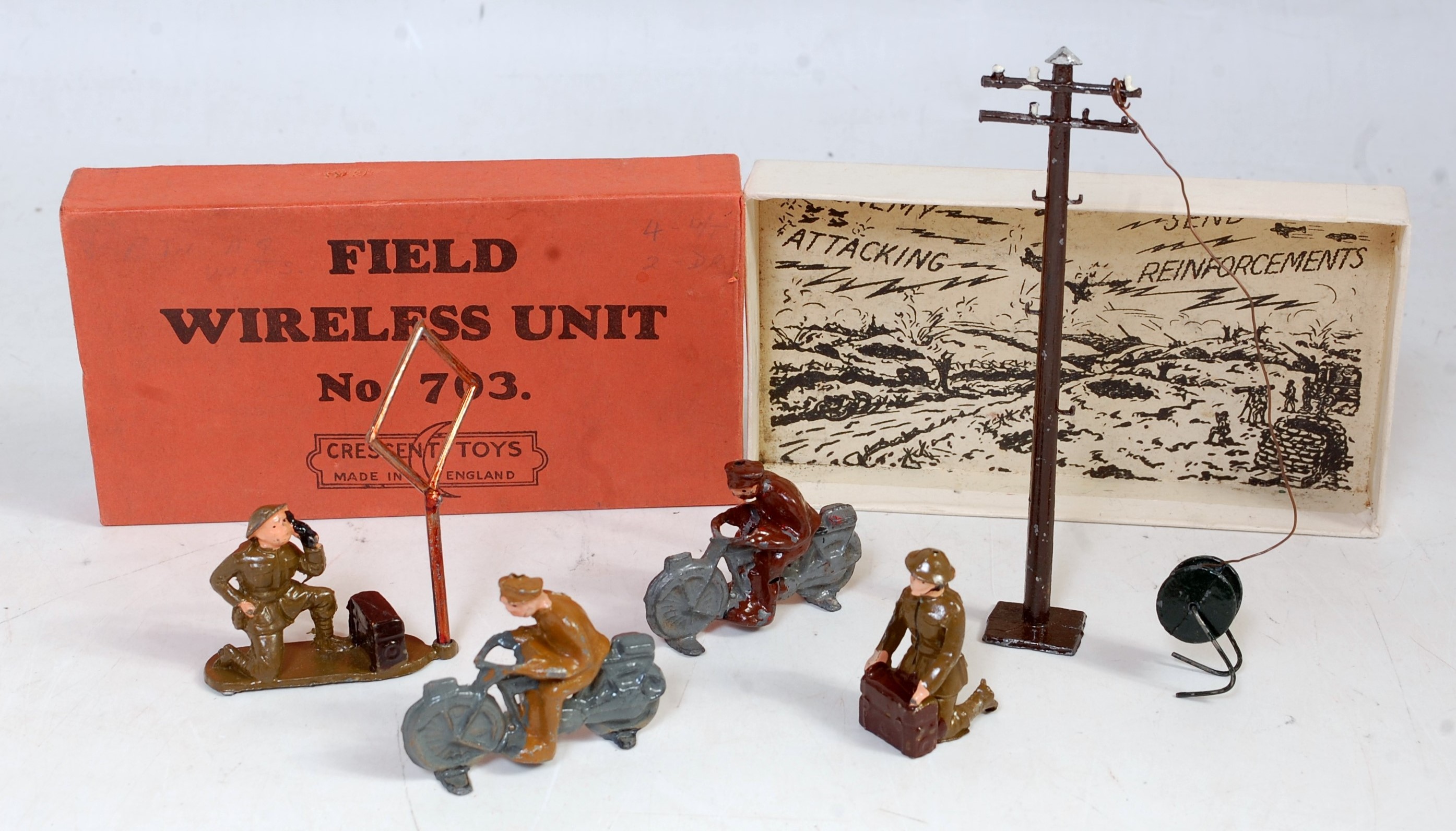 A Crescent Toys No. 703 field wireless unit comprising kneeling wireless operator with plug-in