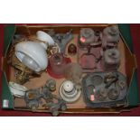 A box of miscellaneous items, to include Victorian hanging oil lamp, pewter six bottle cruet,