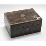 A Victorian calamander and brass inlaid lady's workbox, having a maroon velvet lined fitted