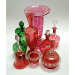 A collection of Victorian and later glassware, to include a large cranberry glass trumpet shaped