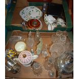 Two boxes of sundries, to include assorted glassware, plated teapot, AA car badge, cased and loose