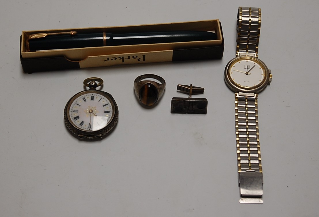 A gent's Dunhill quartz movement wristwatch; together with a gent's silver and tiger's eye ring; a