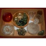 A box of miscellaneous glassware, to include marigold glass bonbon dish, various glass bottles,