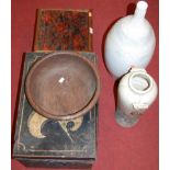 Mixed lot to include eastern carved teak stool, metal box, stoneware vases etc