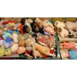Six boxes of various plastic and celluloid dolls, modern soft toys etc