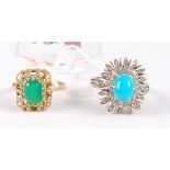 A white metal, turquoise and diamond point set dress ring, size S/T; together with a yellow metal (