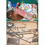 Three boxes to include metal wares, stonewares, a small quantity of vintage tools, etc