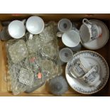 A box containing modern part china tea service, various glass dressing table wares etc