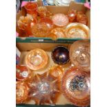 Two boxes of assorted carnival glass, principally in the marigold colour