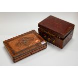 A Victorian amboyna ebony inlaid and specimen wood work box, of rectangular form, having blue silk