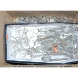 A box of glassware, to include Victorian clear glass prism lustre drops, ceiling light fitting glass