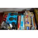 Three boxes of mixed toys and games to include miniature RC helicopters, Matchbox, Motorcity,