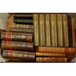 A box of assorted principally leather bound volumes to include Boswells Life of Johnson
