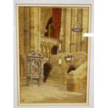 Early 20th century school church interior, watercolour with monogram lower left, 25x18cm