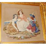 A Victorian woolwork panel, depicting family group, 54 x 58cm, housed in a giltwood and