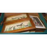 A box of assorted prints together with pair of framed needlework panels