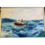 Roy Pullan - The tug Taurus in heavy seas, oil on board, signed lower right, 49 x 68cm