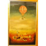 A pair of reproduction hot air ballooning prints, in maple frames, 80 x 48cm