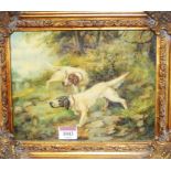 A reproduction heavy gilt framed oleograph of hunting dogs; together with one other (2)