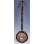 An early 20th century rosewood and boxwood strung five string banjo