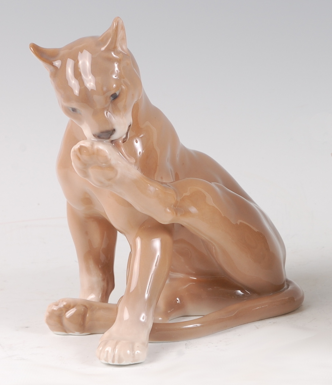 A Royal Copenhagen porcelain model of a young Leopardess, in seated pose washing her rear left