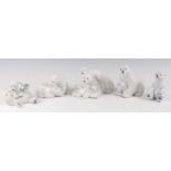 Five Royal Copenhagen porcelain models of Polar Bears, comprising mother bear in recumbent pose with